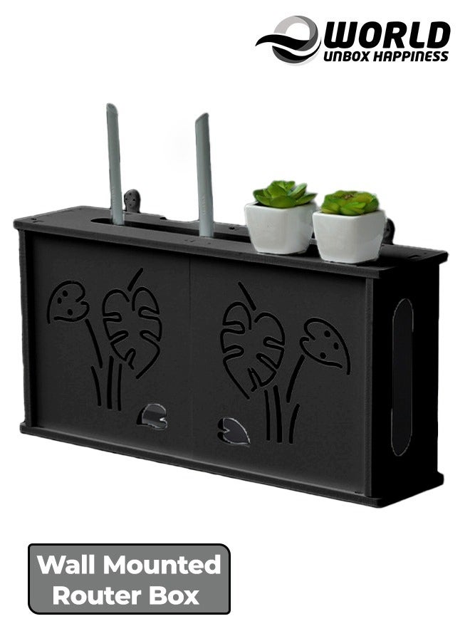 Eworld Stylish Wall-Mounted Router Rack for Wi-Fi Router, Set-Top Box, Light Cat Box, and More, Includes Doors and Patch Panel Shielding Box for Neat Storage, Black - Image 1