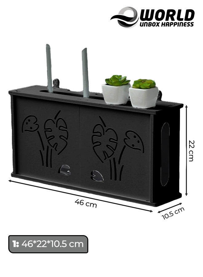 Eworld Stylish Wall-Mounted Router Rack for Wi-Fi Router, Set-Top Box, Light Cat Box, and More, Includes Doors and Patch Panel Shielding Box for Neat Storage, Black - Image 2