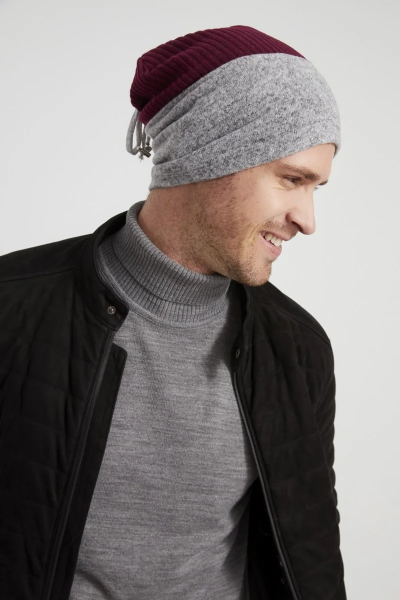 بوتيكجيز Burgundy Gray Men's Young Best Of Burgundy Gray Piece Hat Beanie Sports Comfortable Cotton Thermal