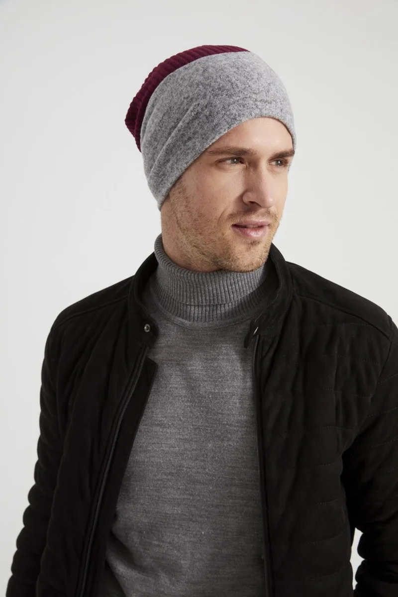 بوتيكجيز Burgundy Gray Men's Young Best Of Burgundy Gray Piece Hat Beanie Sports Comfortable Cotton Thermal