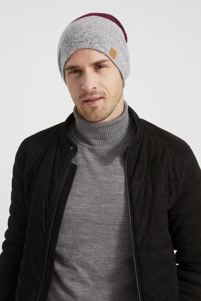 بوتيكجيز Burgundy Gray Men's Young Best Of Burgundy Gray Piece Hat Beanie Sports Comfortable Cotton Thermal