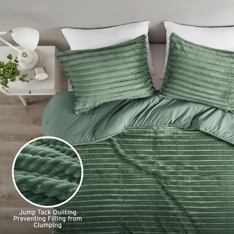 Intelligent Design Queen Comforter Set, Cozy Plush Bedding, Microfiber Reverse, 3 Piece, Lightweight, Super Soft Ribbed Velvet Comforter 2 Shams, All Season Fluffy Bed Set, Avril, Full/Queen Green - Image 3
