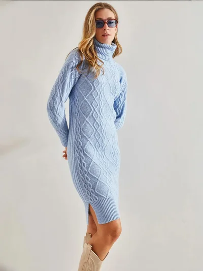 Bianco Lucci LUCCI Textured Turtleneck Fitted Knit Dress