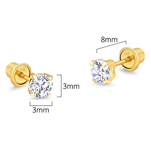 Lovearing 14k Yellow Gold 3mm Basket Round Solitaire Cubic Zirconia Children Screw Back Baby Girls Earrings - Image 2