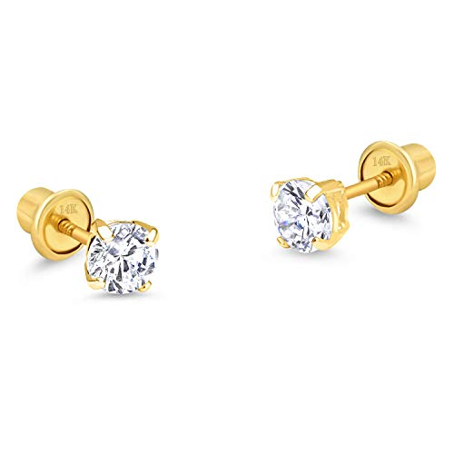 Lovearing 14k Yellow Gold 3mm Basket Round Solitaire Cubic Zirconia Children Screw Back Baby Girls Earrings - Image 1