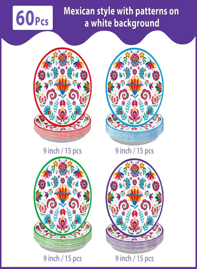 Grencian 60Pcs Mexican Paper Plates 9" Large Heavy Duty Colorful White Mandala Floral Platters Cinco de Mayo Dessert Plate for Mexico Tuesday Carnival Fiesta Birthday Party Supplies Decoration - Image 2