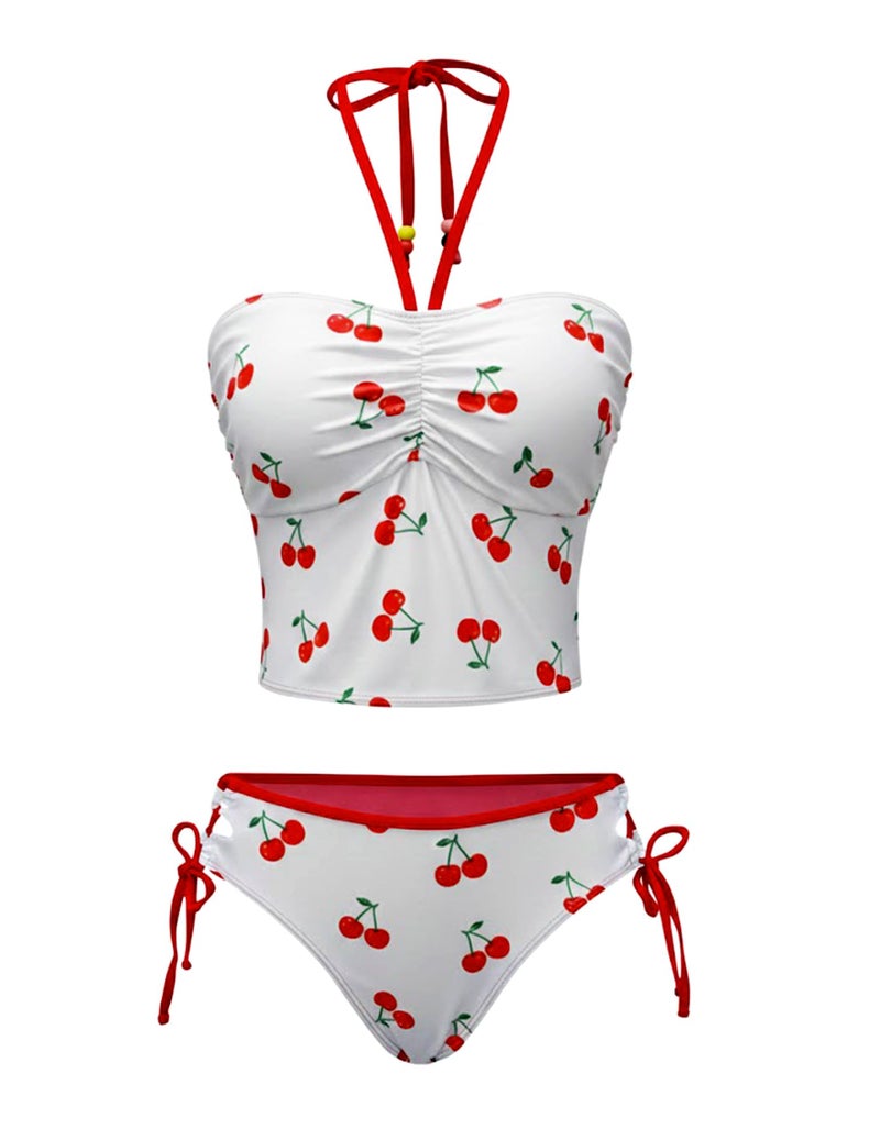 ZAFUL Cute Tankini Y2k Swimsuit for Teen Trendy Side Tie 2 Piece Bikini Set Halter Ruched Bathing Suit Retro Summer Outfit Cherry Cream L - Image 1