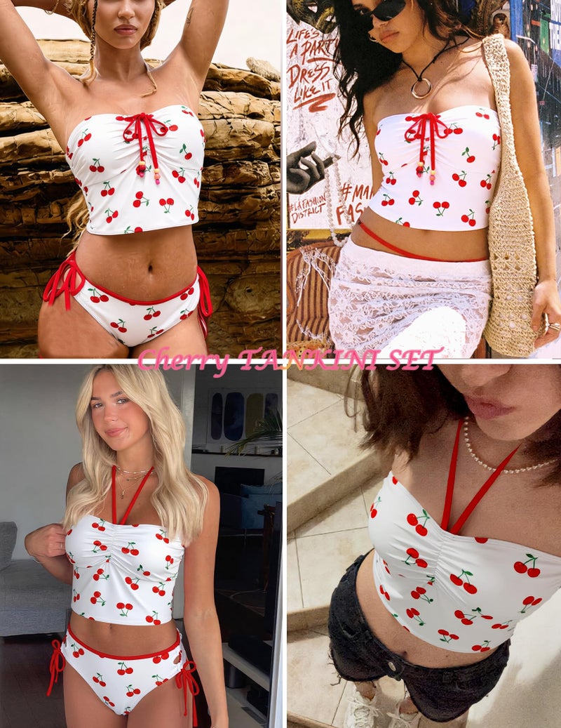 ZAFUL Cute Tankini Y2k Swimsuit for Teen Trendy Side Tie 2 Piece Bikini Set Halter Ruched Bathing Suit Retro Summer Outfit Cherry Cream L - Image 5