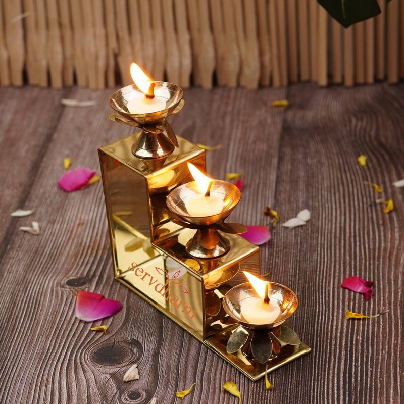 ServDharm 3 Steps Decorative Brass Diya for Puja 13 cm