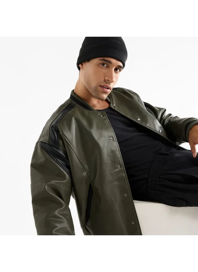 FAV Solid Bomber Jacket with Snap Button Closure