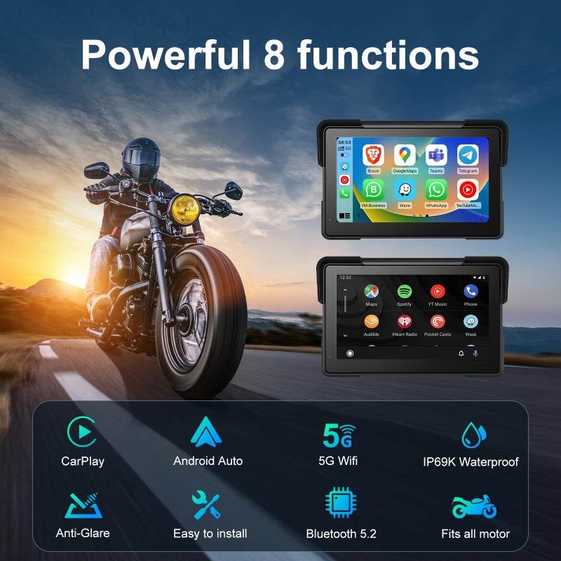 fuyuadas Wireless Motorcycle Apple Carplay,7 Inch Portable Motor GPS Navigation with Apple Carplay & Android Auto,Siri & Google Assistant, Anti-Glare/Bluetooth 5.2/ Voice Control/ IP69K Waterproof Touchscreen - Image 2