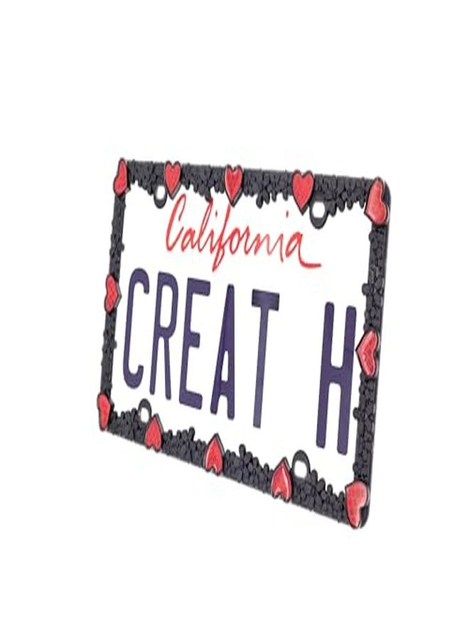 Creathome 3D Daisy Heart License Plate Frame from Pure Zinc Alloy Metal Perfect Plate Holder, Matt Black Daisy with Red Reflective Heart - Image 1