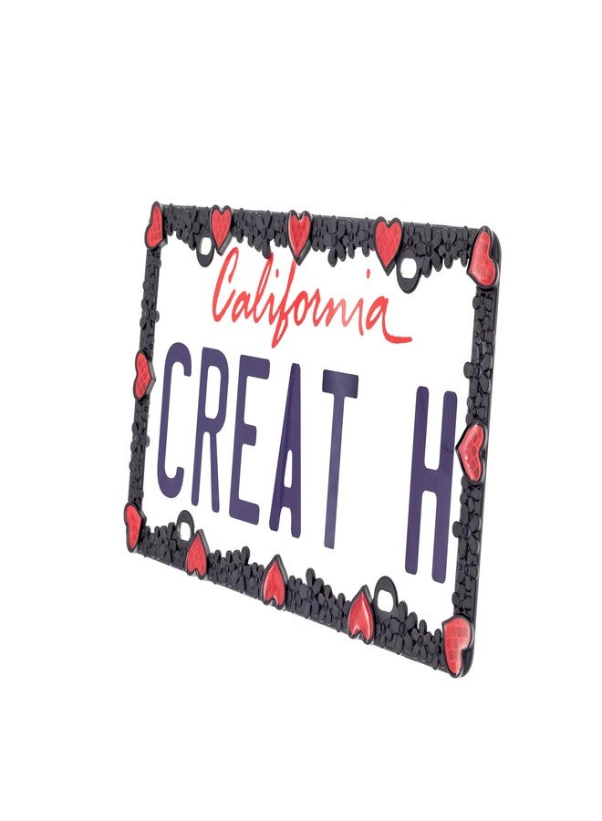 Creathome 3D Daisy Heart License Plate Frame from Pure Zinc Alloy Metal Perfect Plate Holder, Matt Black Daisy with Red Reflective Heart - Image 2
