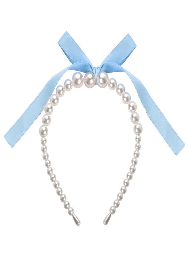 Sisadodo Blue Bow Pearl Headbands for Women Pearls Hair Hoop Bands for Thick Thin Hair Bow Headband Hairband for Teen Girl Elegant Hair Accessories Decoration for Women Non Slip Pearl Head Band with Bow Ribbon - Image 1