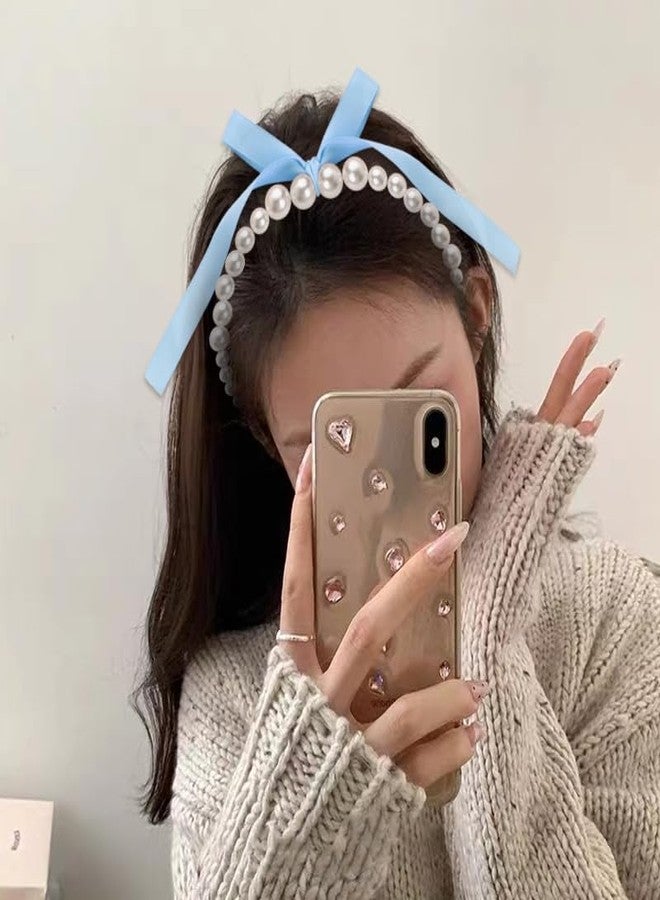 Sisadodo Blue Bow Pearl Headbands for Women Pearls Hair Hoop Bands for Thick Thin Hair Bow Headband Hairband for Teen Girl Elegant Hair Accessories Decoration for Women Non Slip Pearl Head Band with Bow Ribbon - Image 4