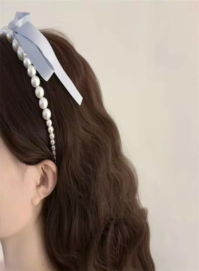 Sisadodo Blue Bow Pearl Headbands for Women Pearls Hair Hoop Bands for Thick Thin Hair Bow Headband Hairband for Teen Girl Elegant Hair Accessories Decoration for Women Non Slip Pearl Head Band with Bow Ribbon - Image 3