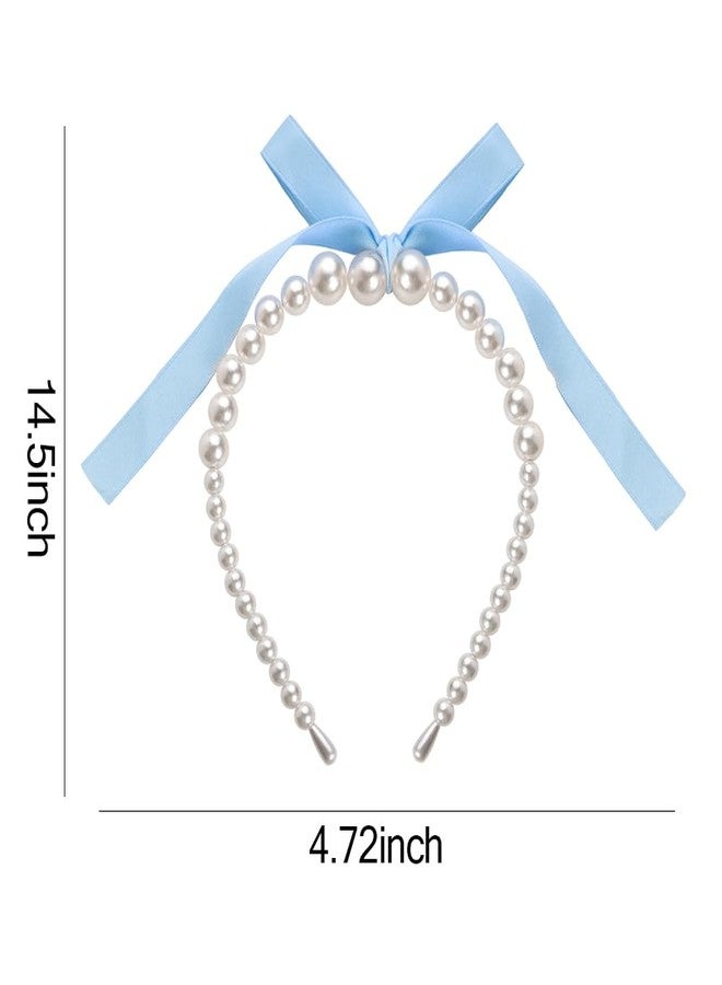 Sisadodo Blue Bow Pearl Headbands for Women Pearls Hair Hoop Bands for Thick Thin Hair Bow Headband Hairband for Teen Girl Elegant Hair Accessories Decoration for Women Non Slip Pearl Head Band with Bow Ribbon - Image 2