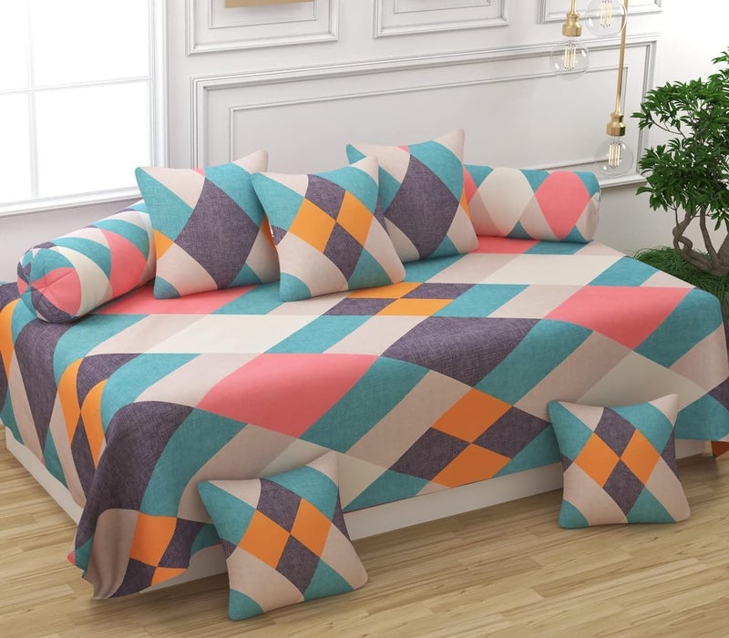 Elegant 8 Piece Cotton Diwan Set with Designer Cushion and Bolster Covers 