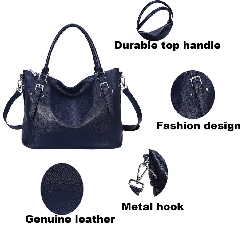 HESHE Genuine Leather Purses and Handbags for Women Designer Tote Satchel Top Handle Shoulder Bags Hobo Crossbody Bag (Large,Navy Blue) - Image 5