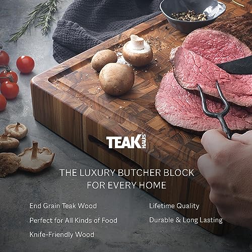 Teakhaus Butcher Block Carving Board - Large Extra Thick Cutting Board with Juice Groove and Grip Handles - Teak End Grain Wood - Knife Friendly - FSC Certified - Image 4