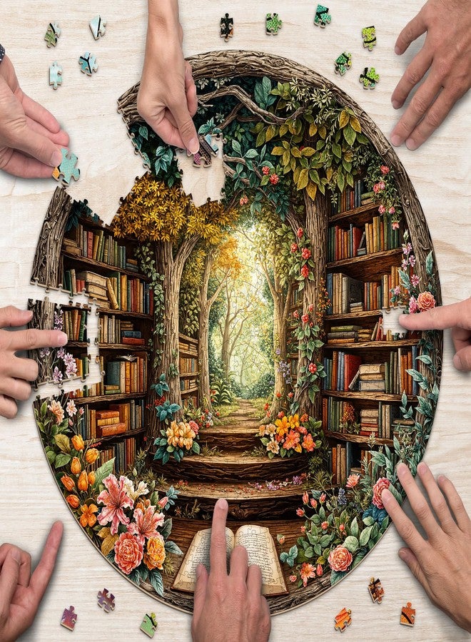 AEEKDOOK 1000 Piece Round Jigsaw Puzzles for Adults, Forest Bookshelf Library, 26.5" Large Circular Puzzle with Letters on Back, Challenging Family Game & Wall Decor, Ideal Gift for Book Lover - Image 4
