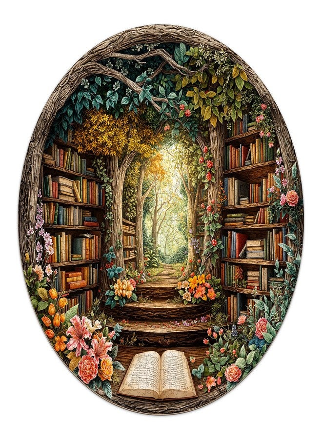 AEEKDOOK 1000 Piece Round Jigsaw Puzzles for Adults, Forest Bookshelf Library, 26.5" Large Circular Puzzle with Letters on Back, Challenging Family Game & Wall Decor, Ideal Gift for Book Lover - Image 1