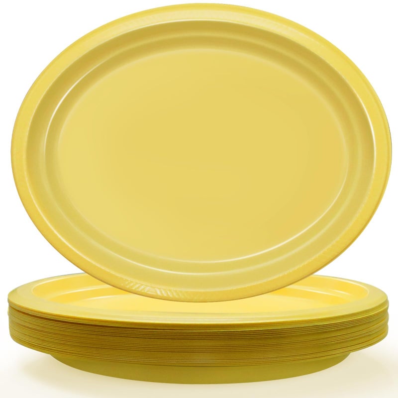 BONSINY 50 Count Yellow Plastic Plates Disposable Heavy Duty - Oval Easter Plates Yellow Disposable Plates for Party  Baby Shower  Birthday  Easter (10"" x 12"") - Image 1