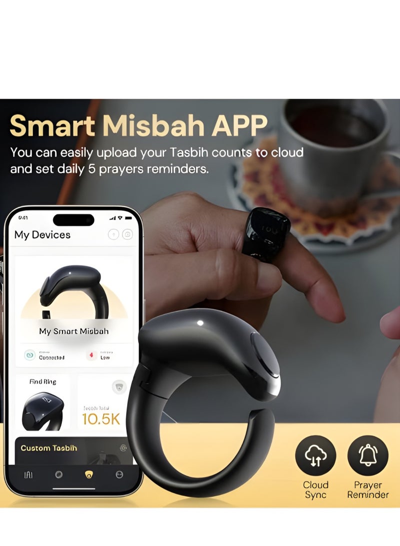 خاتم ذكي، خاتم عداد أصابع قابل للتعديل بحجمين (18/20 مم)، دعم تطبيق عداد رقمي لخواتم تذكير الصلاة، خاتم عداد أصابع مقاوم للماء 4 أرقام للمسلمين (أسود) - Image 1
