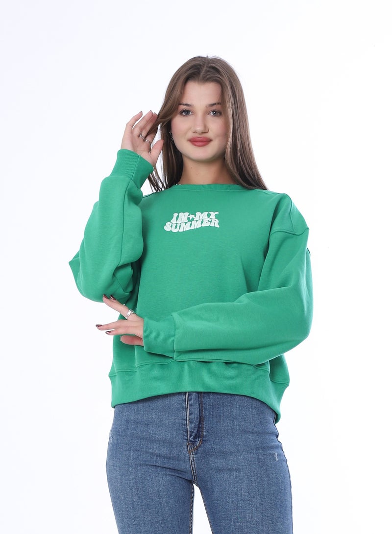 بيبو سويت شيرت نسائي، طباعة جرافيك، أكمام طويلة_اخضر - Image 1