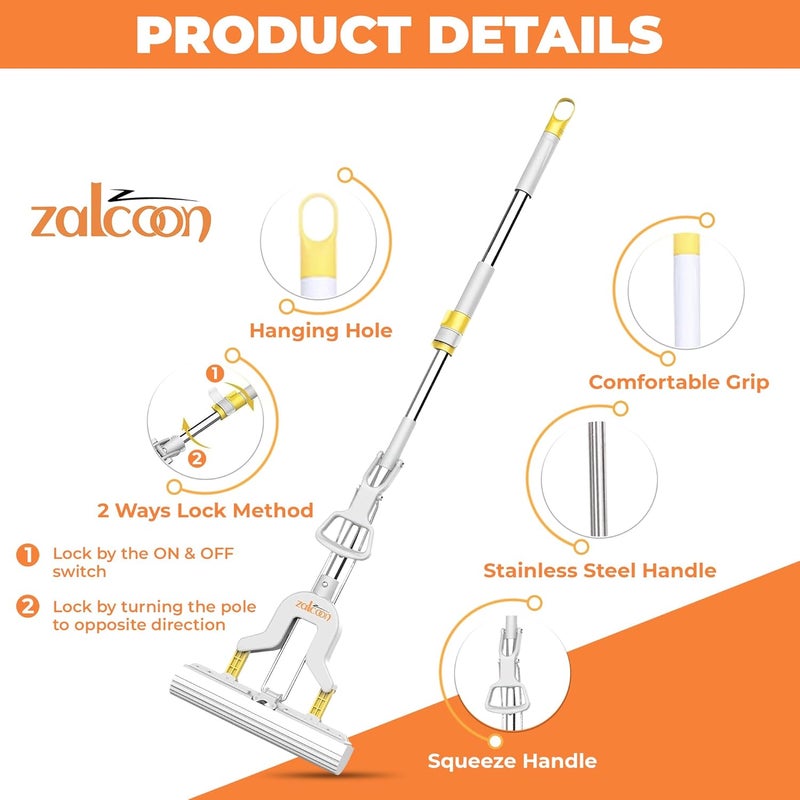 زالكون ZALCOON دلو ممسحة إسفنجية قابلة للطي ذاتية العصر PVA مع 2 قطعة إسفنج PVA فائقة الامت��اص، 2 نعال ممسحة و1 حامل ممسحة | أداة تنظيف منزلية للمطبخ، الخشب الصلب، الأرضيات الصلبة متعددة الأسطح - Image 2
