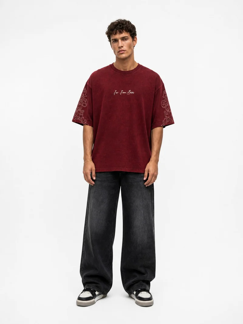 RESPIRE Men's Far From Basic Washed Oversize T-Shirt, Burgundy