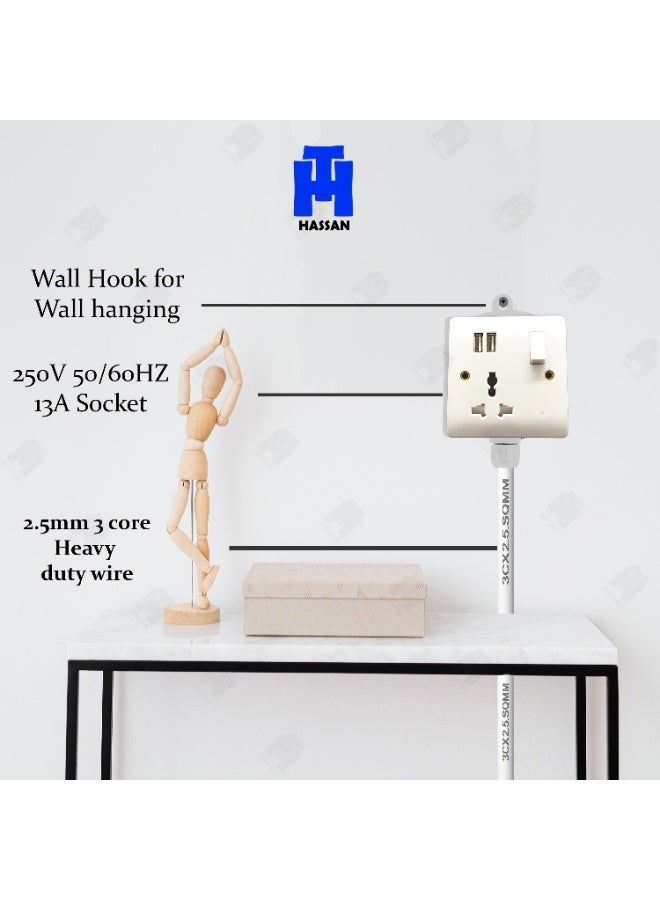 Hassan Single Socket Universal Extension Cord with USB Port – White - Image 2