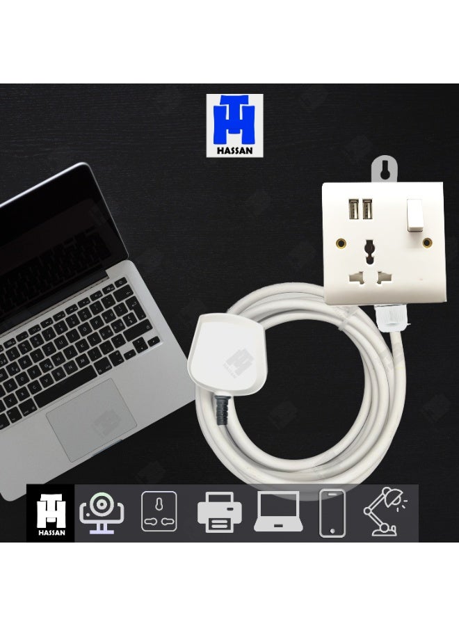 Hassan Single Socket Universal Extension Cord with USB Port – White - Image 3