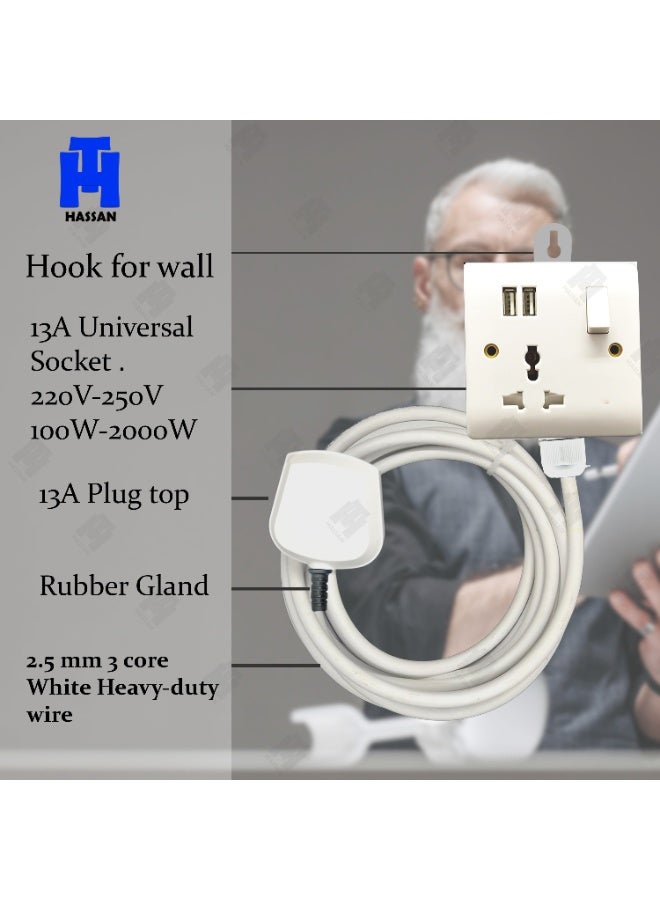 Hassan Single Socket Universal Extension Cord with USB Port – White - Image 4