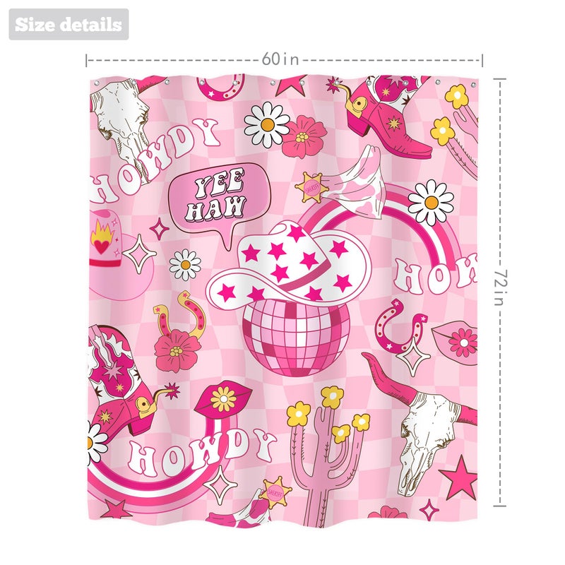 LIGHTINHOME LIGHTINHOME Pink Disco Cowgirl Shower Curtain 60Wx72H Inches Western Modern Preppy Cute Flower Checkered Aesthetic Boots Hat Girls Cloth Fabric Waterproof Polyester Bathroom Home Decor Set with Hooks  - Image 2
