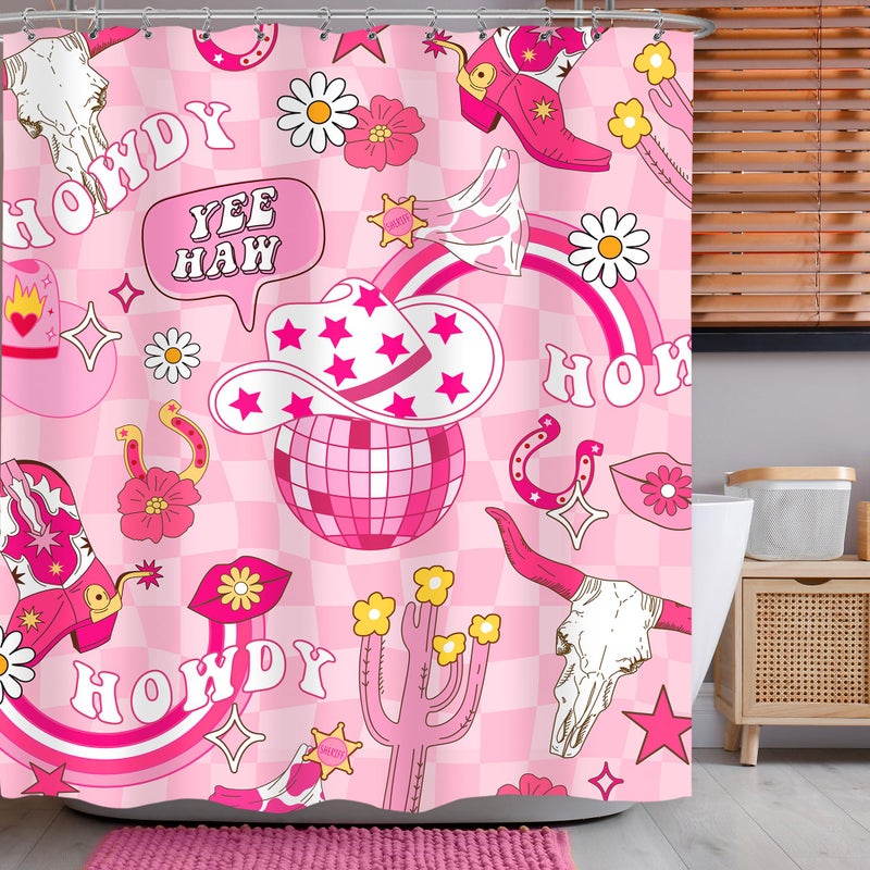 LIGHTINHOME LIGHTINHOME Pink Disco Cowgirl Shower Curtain 60Wx72H Inches Western Modern Preppy Cute Flower Checkered Aesthetic Boots Hat Girls Cloth Fabric Waterproof Polyester Bathroom Home Decor Set with Hooks  - Image 1