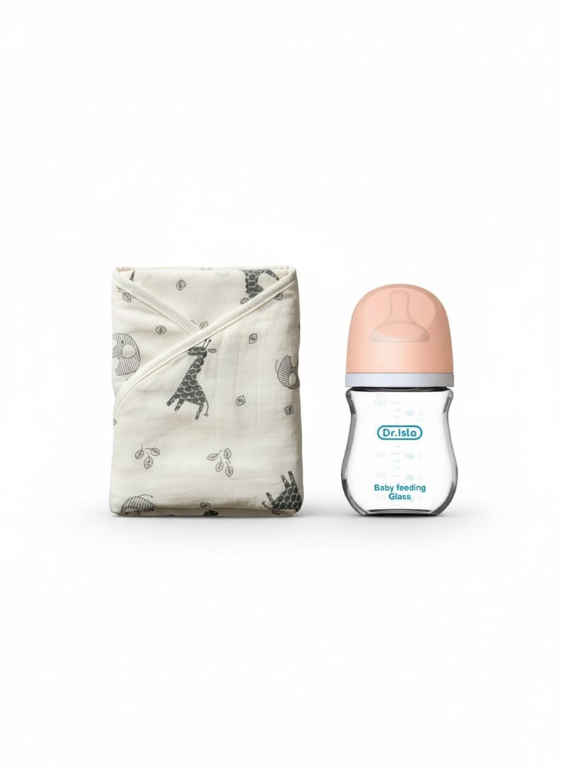 Baby Swaddle Blanket & Cap Set – Soft Cotton Newborn Wrap with Cute Animal Prints & Dr.isla Anti-Choking Baby Glass Bottle – Anti-Colic, BPA-Free, for Newborns 0–3 Months (160ml) Bundle - Image 1