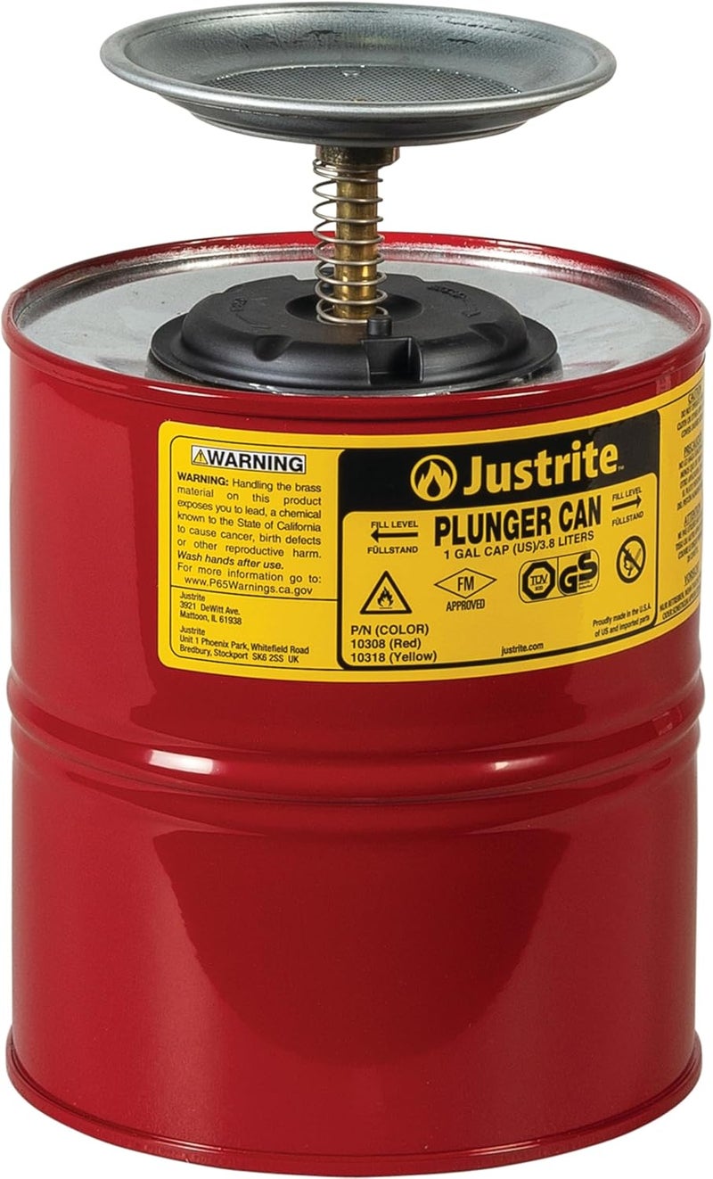 Justrite 10308 Red Steel Plunger Safety Can - 1 Gallon Capacity for Flammable Liquids - Image 1