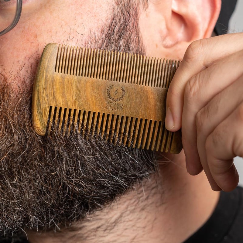 ZEUS Double-Sided Beard & Mustache Comb for Men, Natural Sandalwood Grooming Tool with Leather Case, Anti-Static & Travel Friendly (R31) - Image 3
