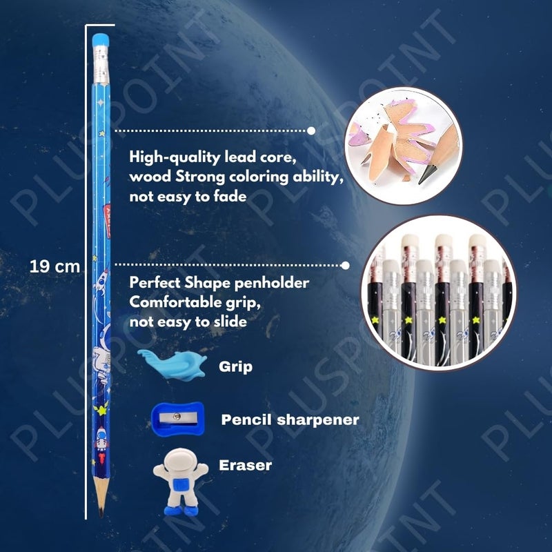 PLUSPOINT 26 قطعة أقلام ذات طابع فضائي للأطفال مع 2 ممحاة و2 مبراة و2 قبضة بتصميم رائد فضاء مثالي لعيد الميلاد والفصول الدراسية واللوازم المدرسية، لون الحبر - أسود - Image 5