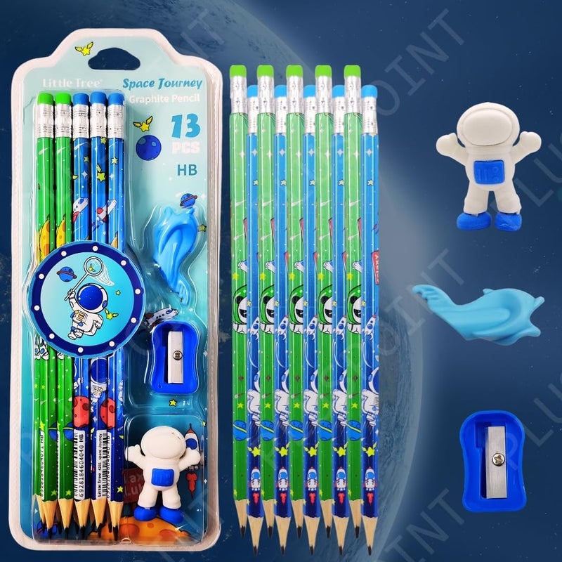 PLUSPOINT 26 قطعة أقلام ذات طابع فضائي للأطفال مع 2 ممحاة و2 مبراة و2 قبضة بتصميم رائد فضاء مثالي لعيد الميلاد والفصول الدراسية واللوازم المدرسية، لون الحبر - أسود - Image 3