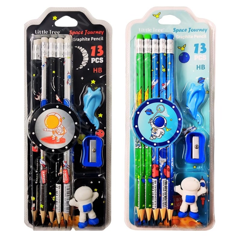 PLUSPOINT 26 قطعة أقلام ذات طابع فضائي للأطفال مع 2 ممحاة و2 مبراة و2 قبضة بتصميم رائد فضاء مثالي لعيد الميلاد والفصول الدراسية واللوازم المدرسية، لون الحبر - أسود - Image 1
