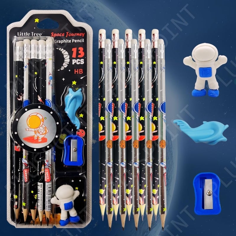 PLUSPOINT 26 قطعة أقلام ذات طابع فضائي للأطفال مع 2 ممحاة و2 مبراة و2 قبضة بتصميم رائد فضاء مثالي لعيد الميلاد والفصول الدراسية واللوازم المدرسية، لون الحبر - أسود - Image 4