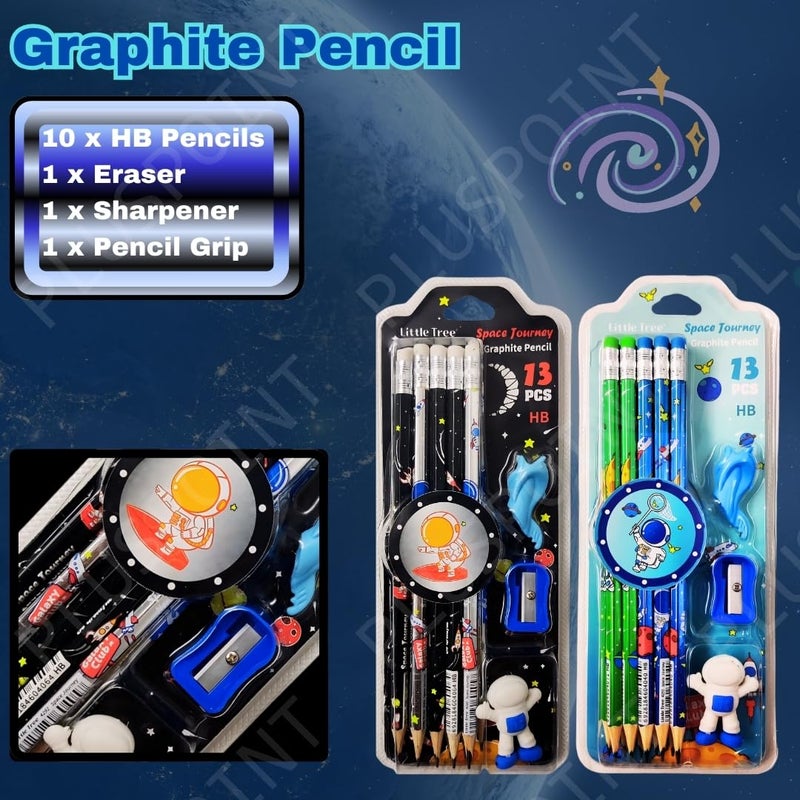 PLUSPOINT 26 قطعة أقلام ذات طابع فضائي للأطفال مع 2 ممحاة و2 مبراة و2 قبضة بتصميم رائد فضاء مثالي لعيد الميلاد والفصول الدراسية واللوازم المدرسية، لون الحبر - أسود - Image 2