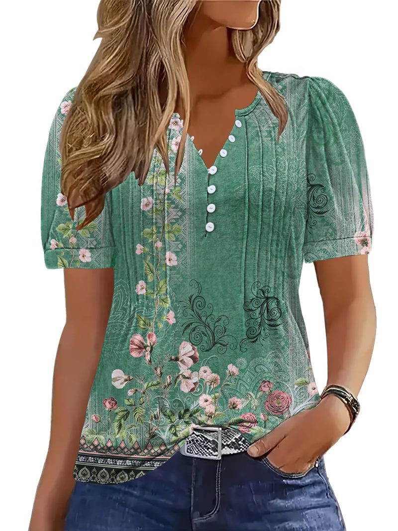 ETCYY Womens Shirts Dressy Casual Short Sleeve 2026 Summer Tops Spring V Neck Button Down Pleated Ladies Tunic Blouses,Floral Green,X-Large - Image 1