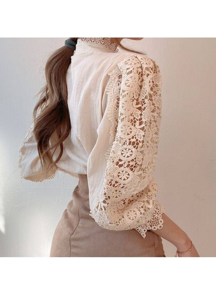 NIBEMINENT Women's Blouse Lace Puff Sleeve Lantern Sleeve Solid Pleated Women Blouse  - Image 2