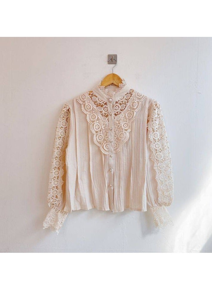 NIBEMINENT Women's Blouse Lace Puff Sleeve Lantern Sleeve Solid Pleated Women Blouse  - Image 5