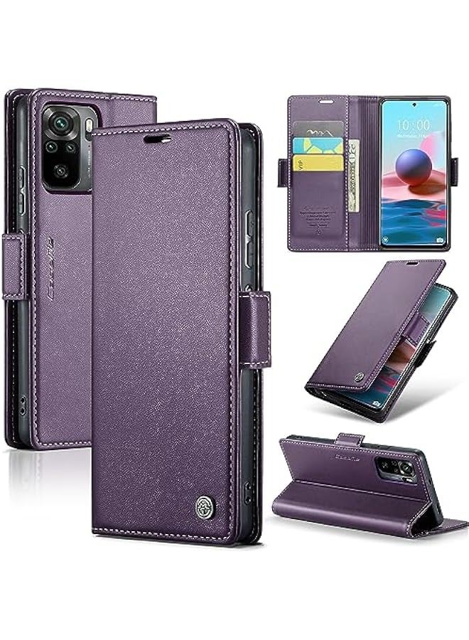Xiaomi Redmi Note 10 (4G)\/Redmi Note 10S RFID Blocking Leather Flip Case - Slim, Shockproof, Folio Wallet Cover with Kickstand, Cash Slot, Magnetic Closure (Purple) - Image 1