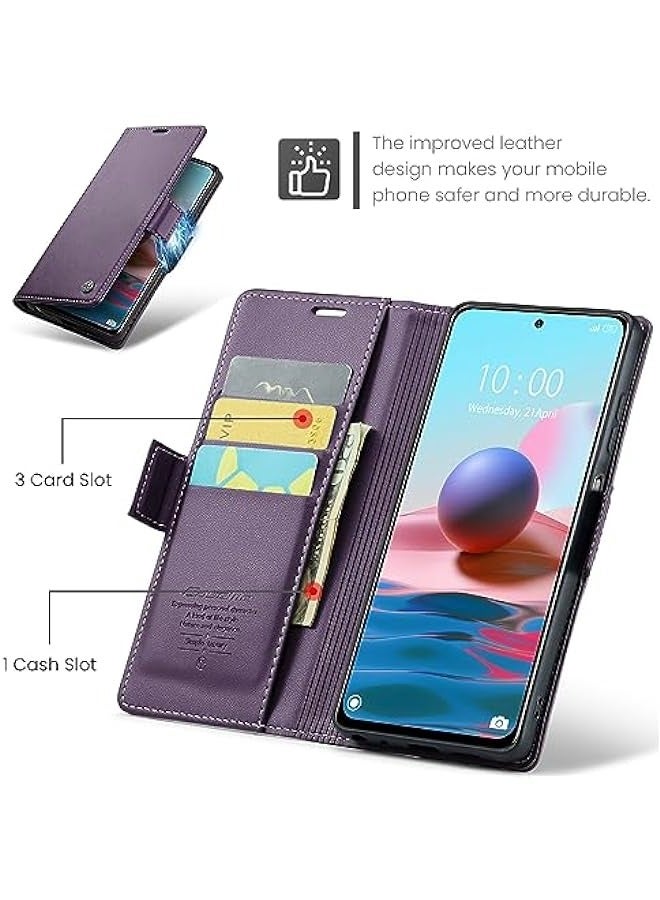 Xiaomi Redmi Note 10 (4G)\/Redmi Note 10S RFID Blocking Leather Flip Case - Slim, Shockproof, Folio Wallet Cover with Kickstand, Cash Slot, Magnetic Closure (Purple) - Image 3