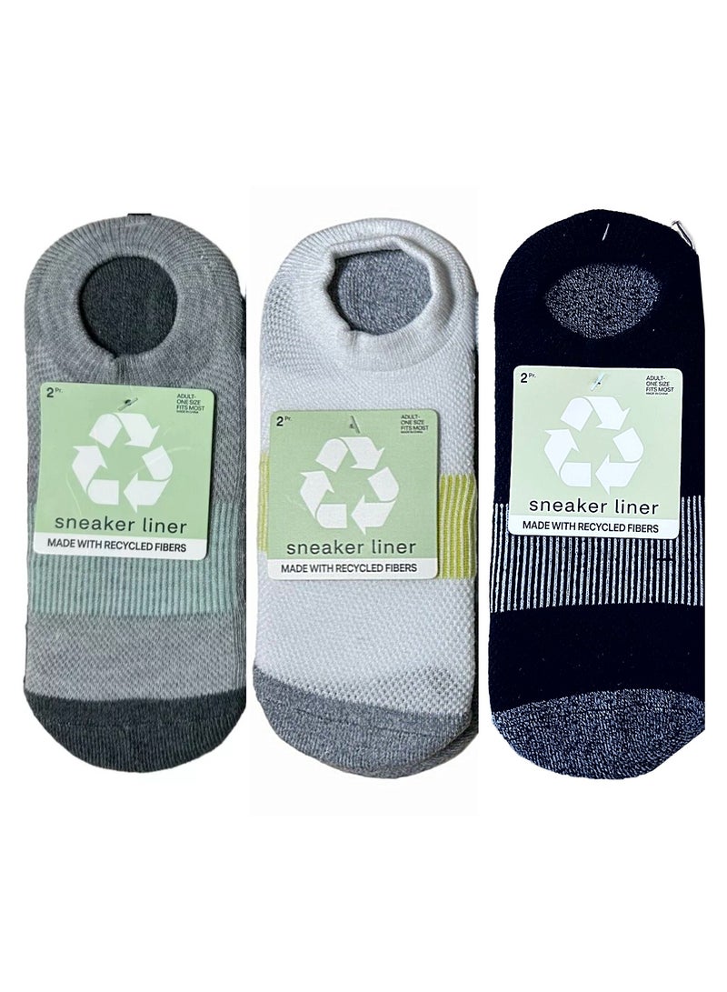Sneaker Liner Socks Adult One Size Fits Most, 6 Pair White Grey Black, Packs Of 3  - Image 1